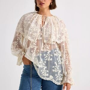 Lindex Lace Blouse Sheer Floral Embroidered Top Cream Romantic Boho Feminine L